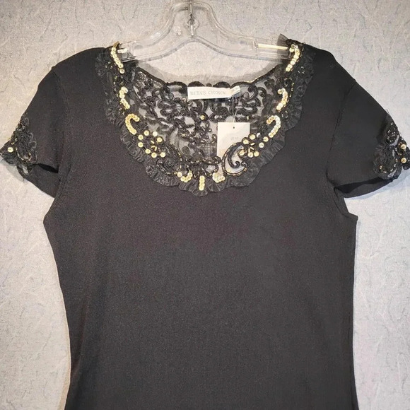 Beta's Choice NWT Black Stretch Knit Gold Sequin Scoop Neck Midi Dress in Medium - Picture 2 of 11